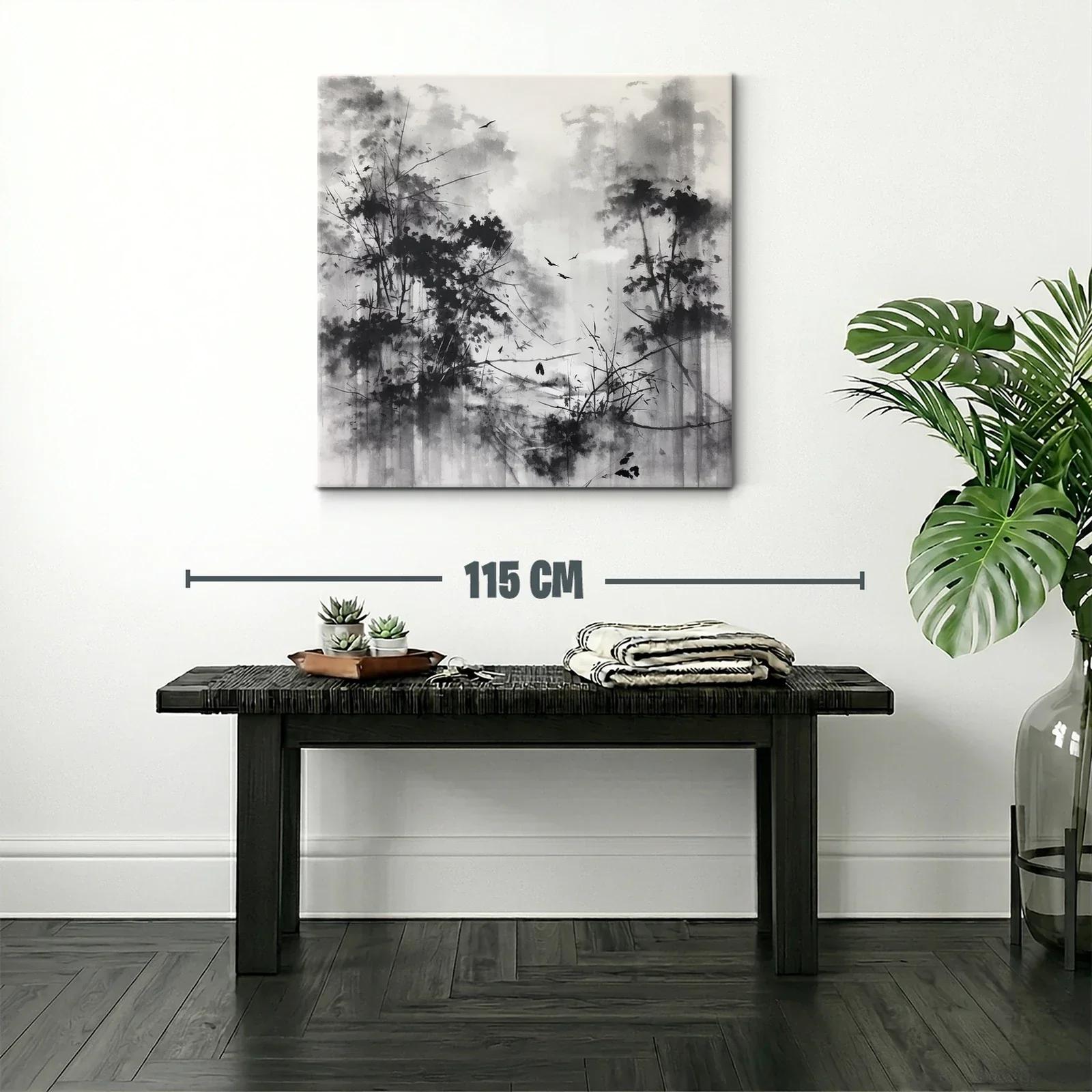 Bosque brumoso con aves en tonos grises y negros — miniatura 2