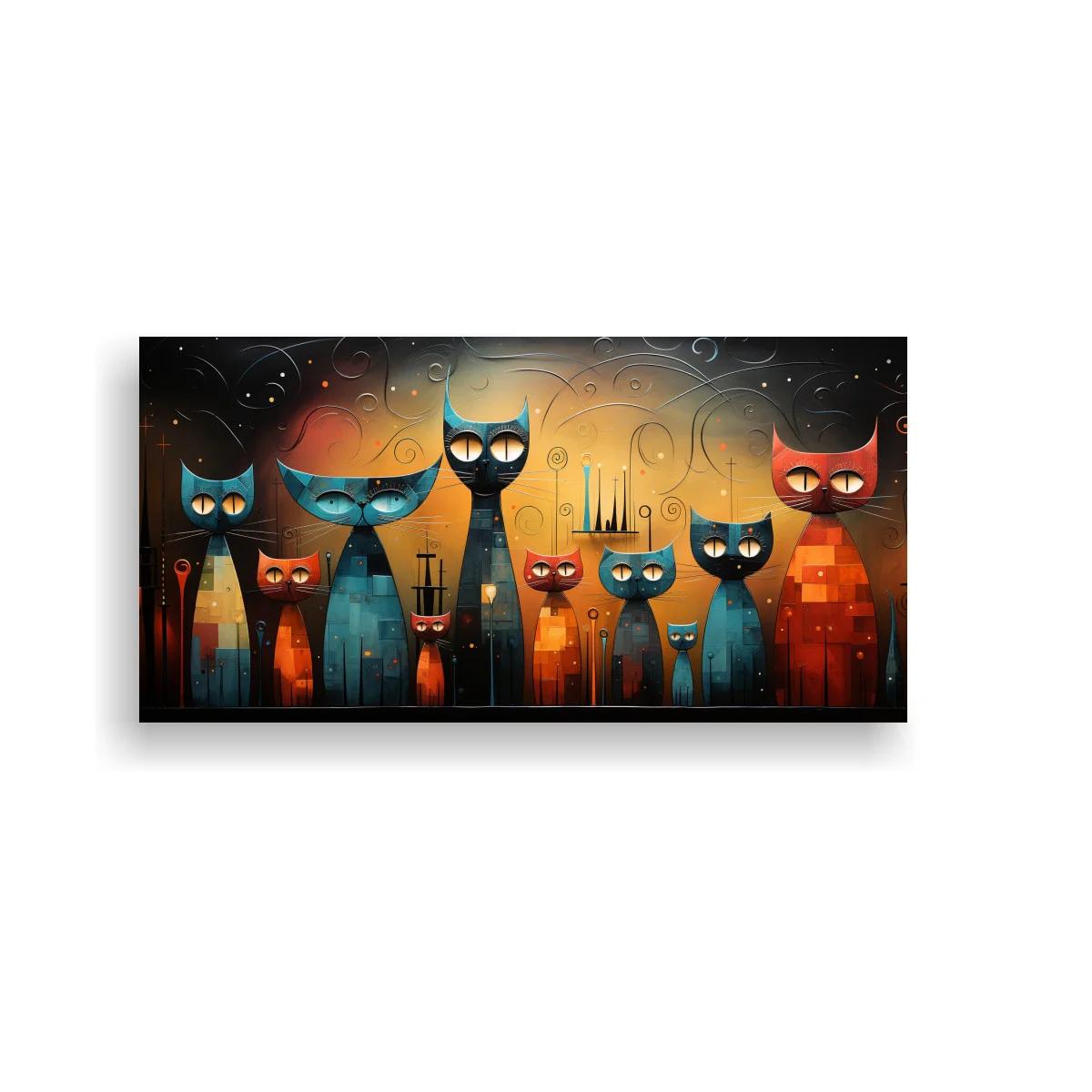 Cuadro gatos con lunas crecientes y ritmo decorativo
