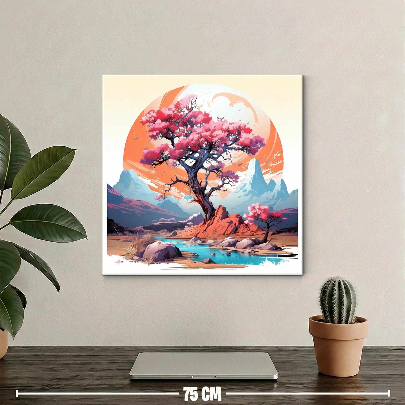 Árbol rosa en paisaje de montaña con río sereno — miniatura 2