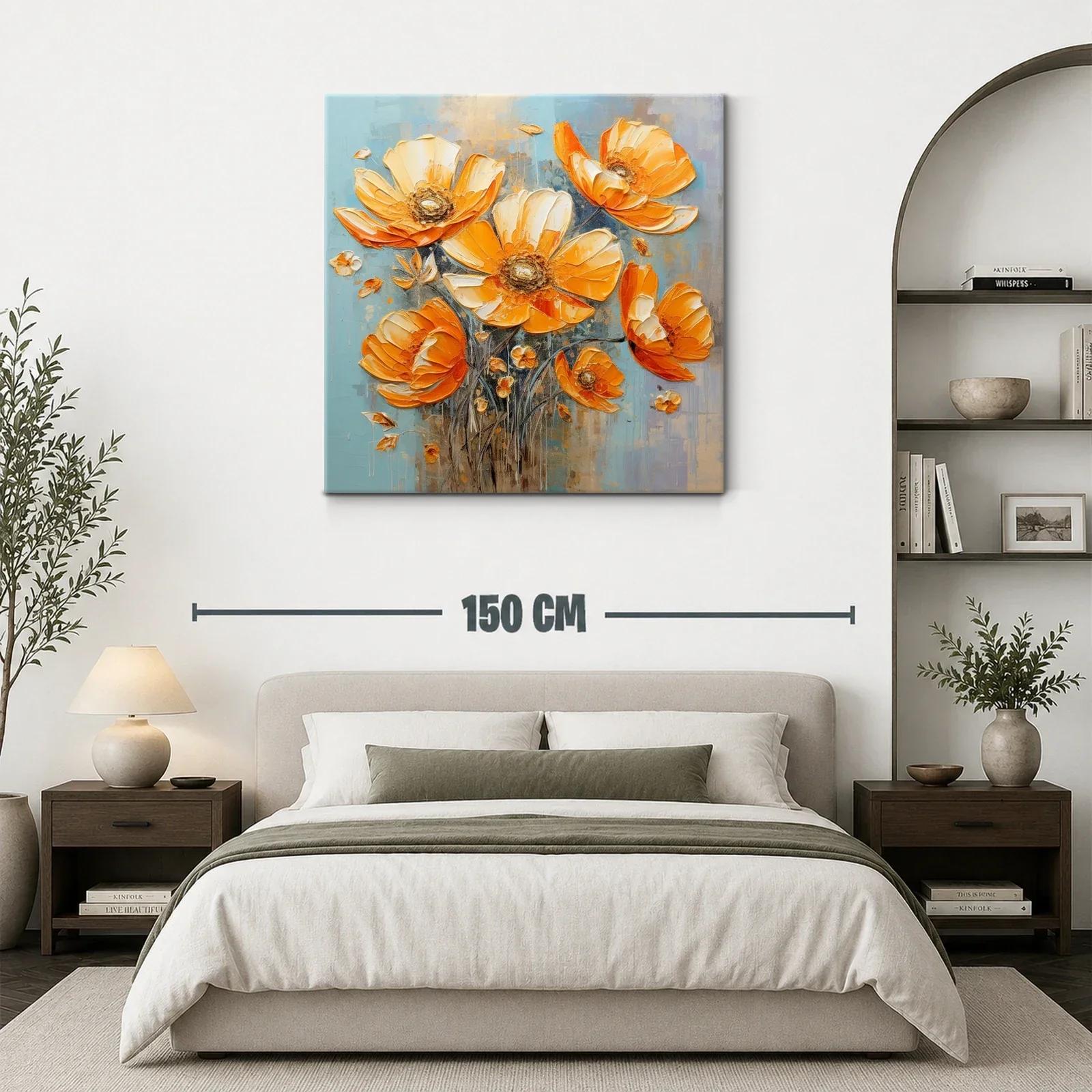Cuadro floral vibrante en tonos cálidos y fondo azul — miniatura 3