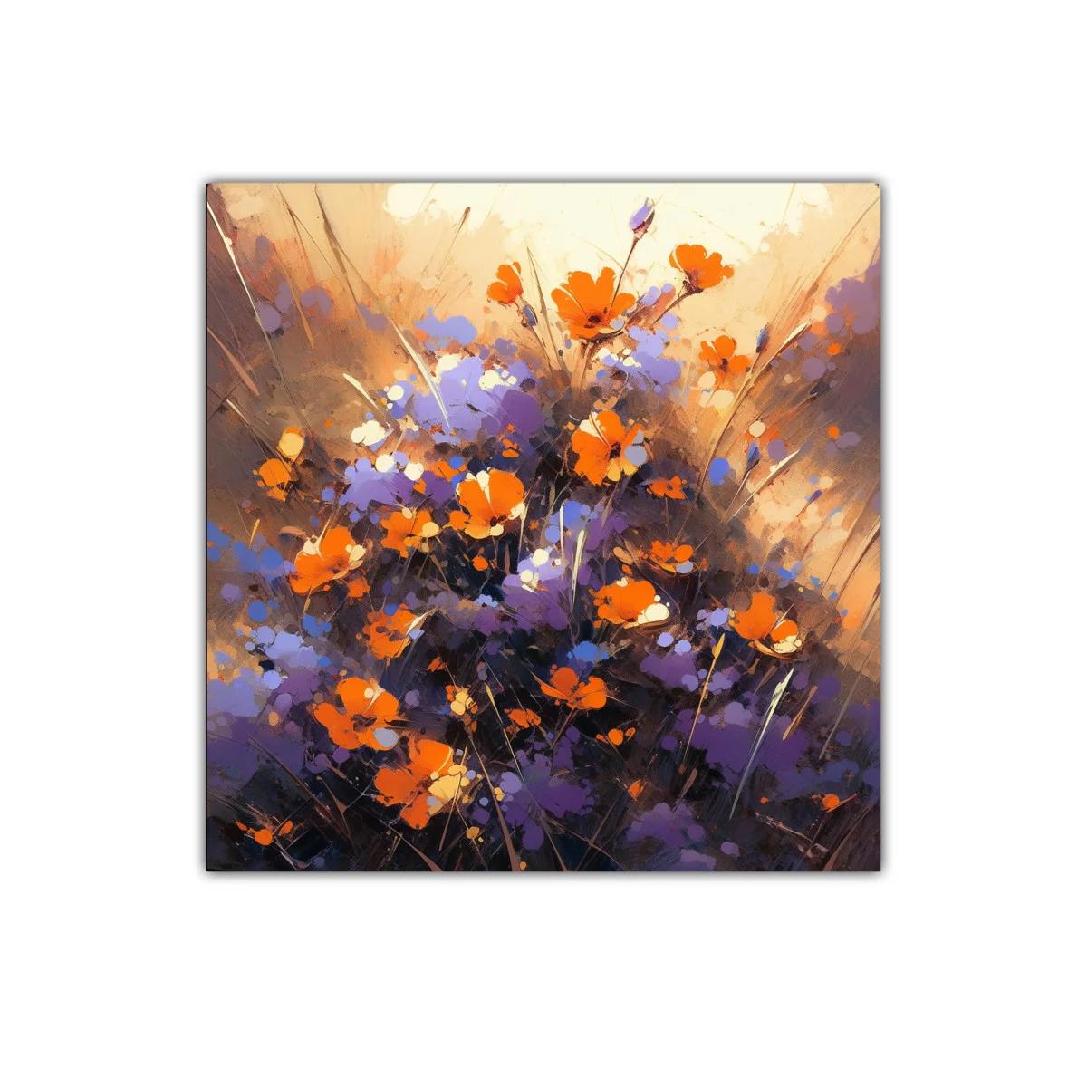 Cuadro decorativo de flores vibrantes en tonos cálidos y lilas — imagen principal