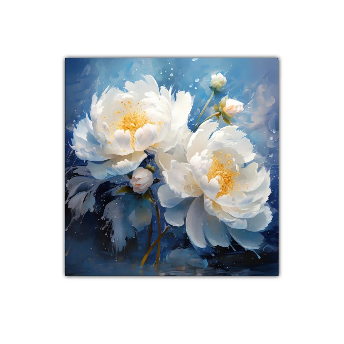 Flores blancas delicadas sobre fondo azul vibrante