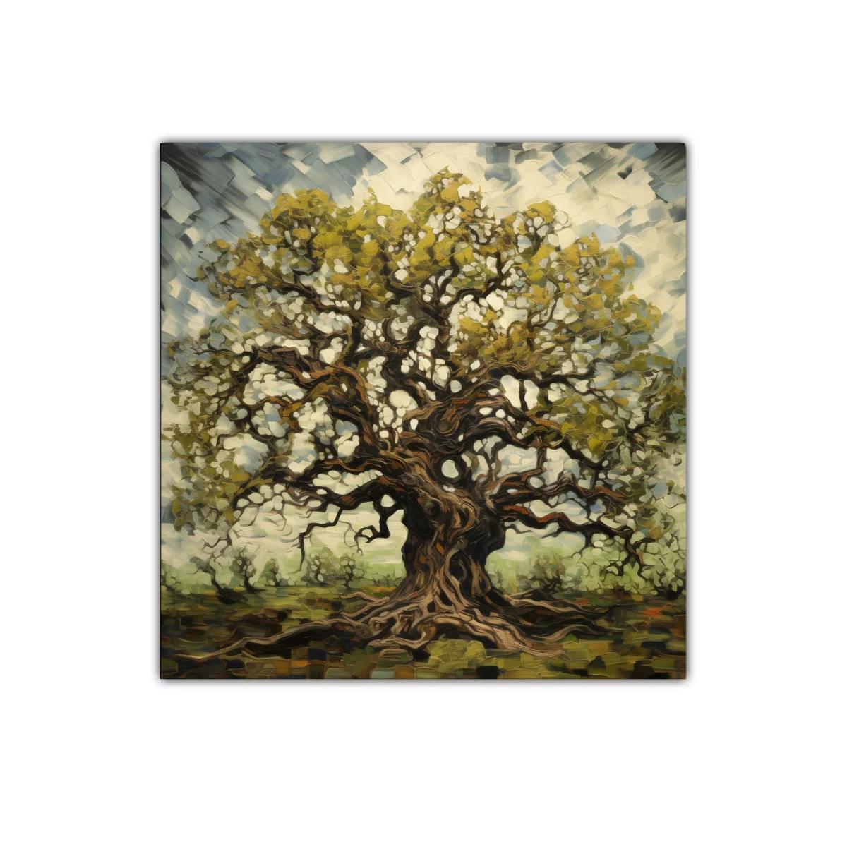 Árbol imponente con ramas entrelazadas y follaje dorado