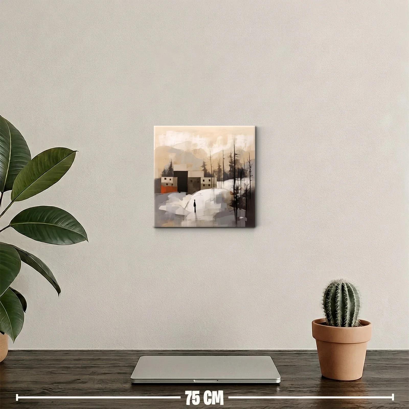 Paisaje minimalista de casas y bosque en tonos cálidos — miniatura 2