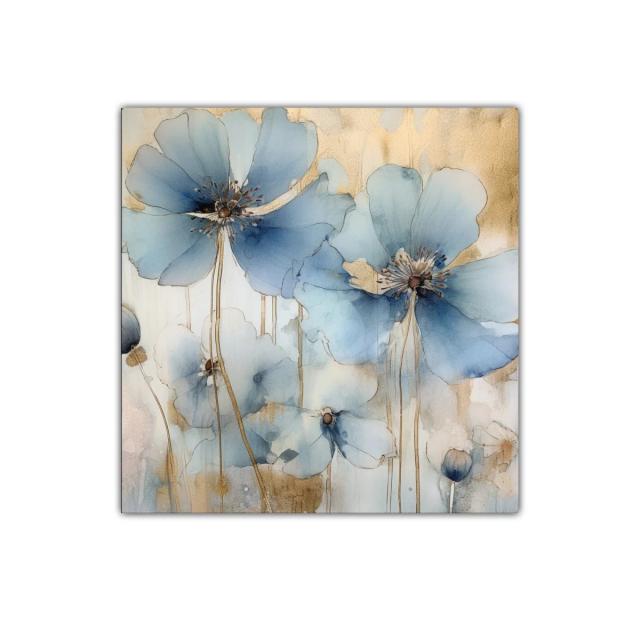 Cuadro decorativo flores azul cielo y dorado suave