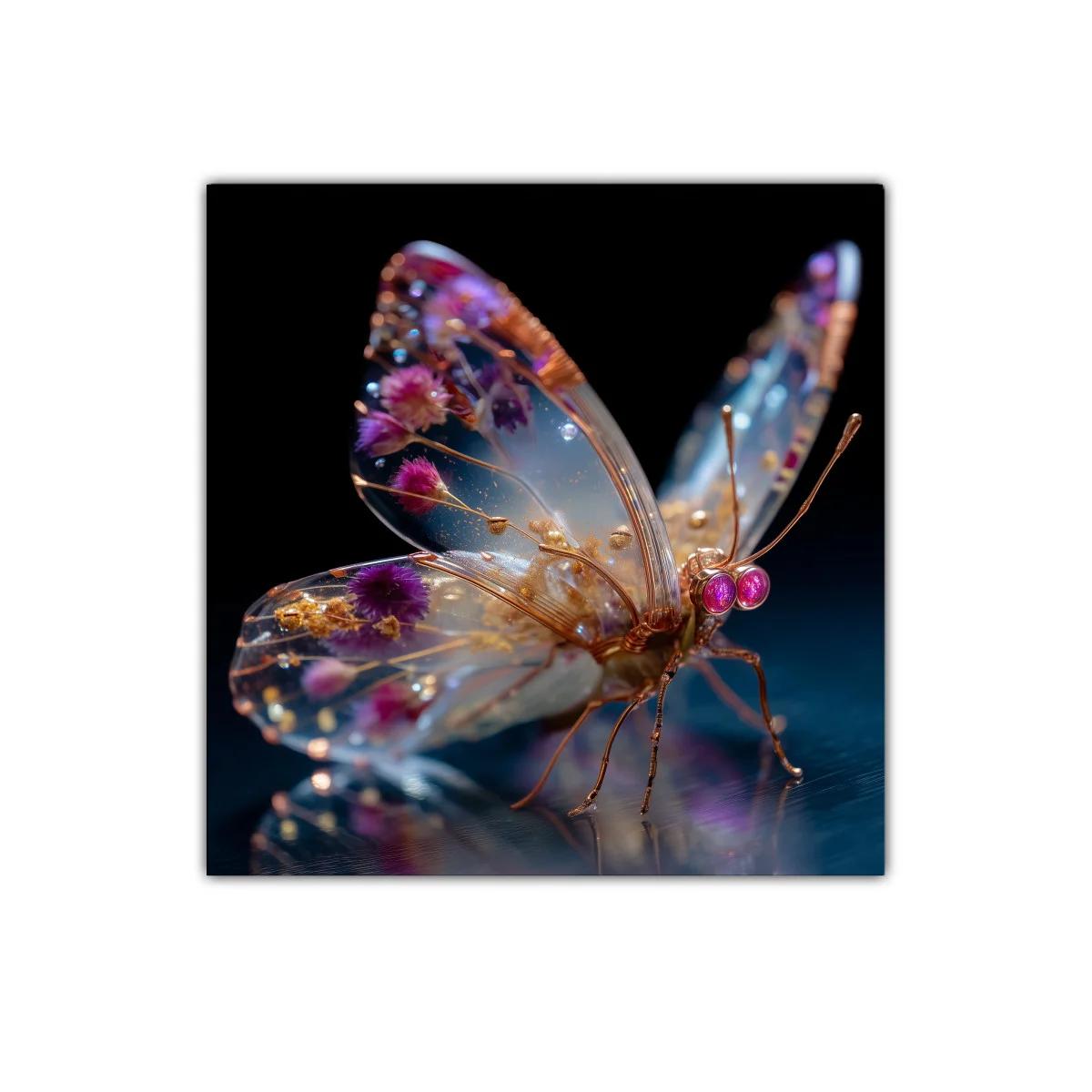 Mariposa etérea con detalles florales en tonos púrpura y dorado