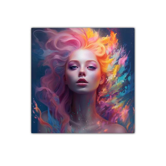 Retrato femenino con explosión de color y energía vibrante