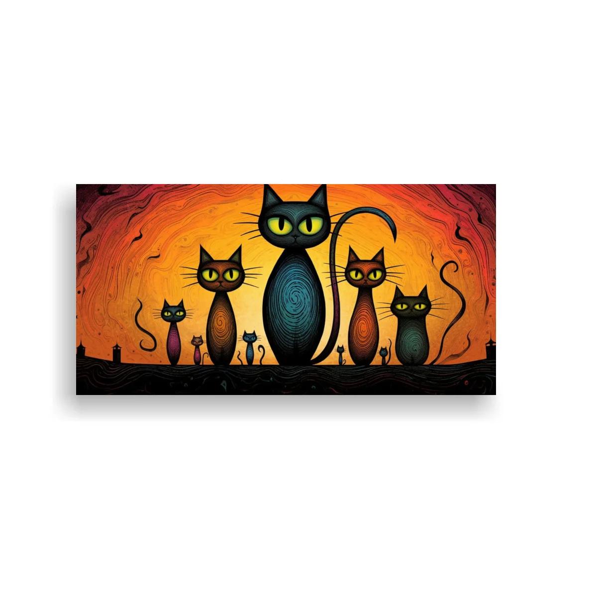 Cuadro familia de gatos negros con fondo en remolino