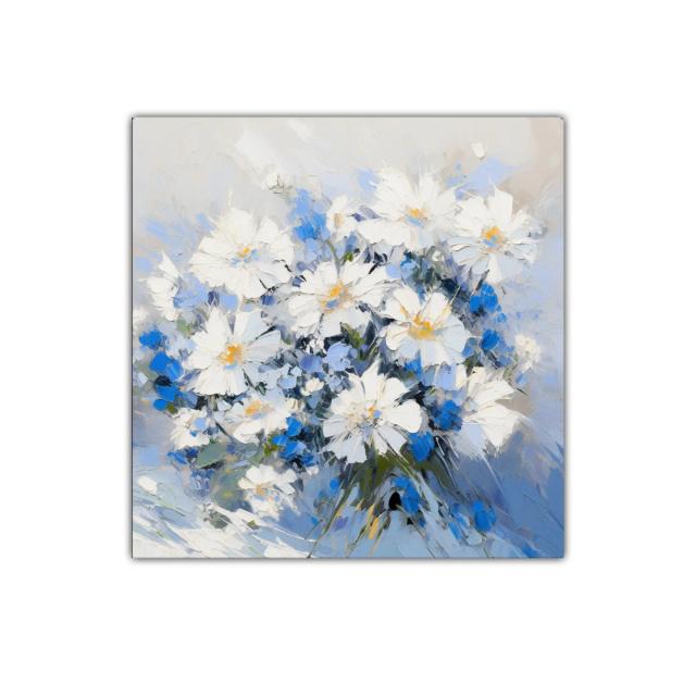 Elegante cuadro con ramo de flores blancas y azules suaves