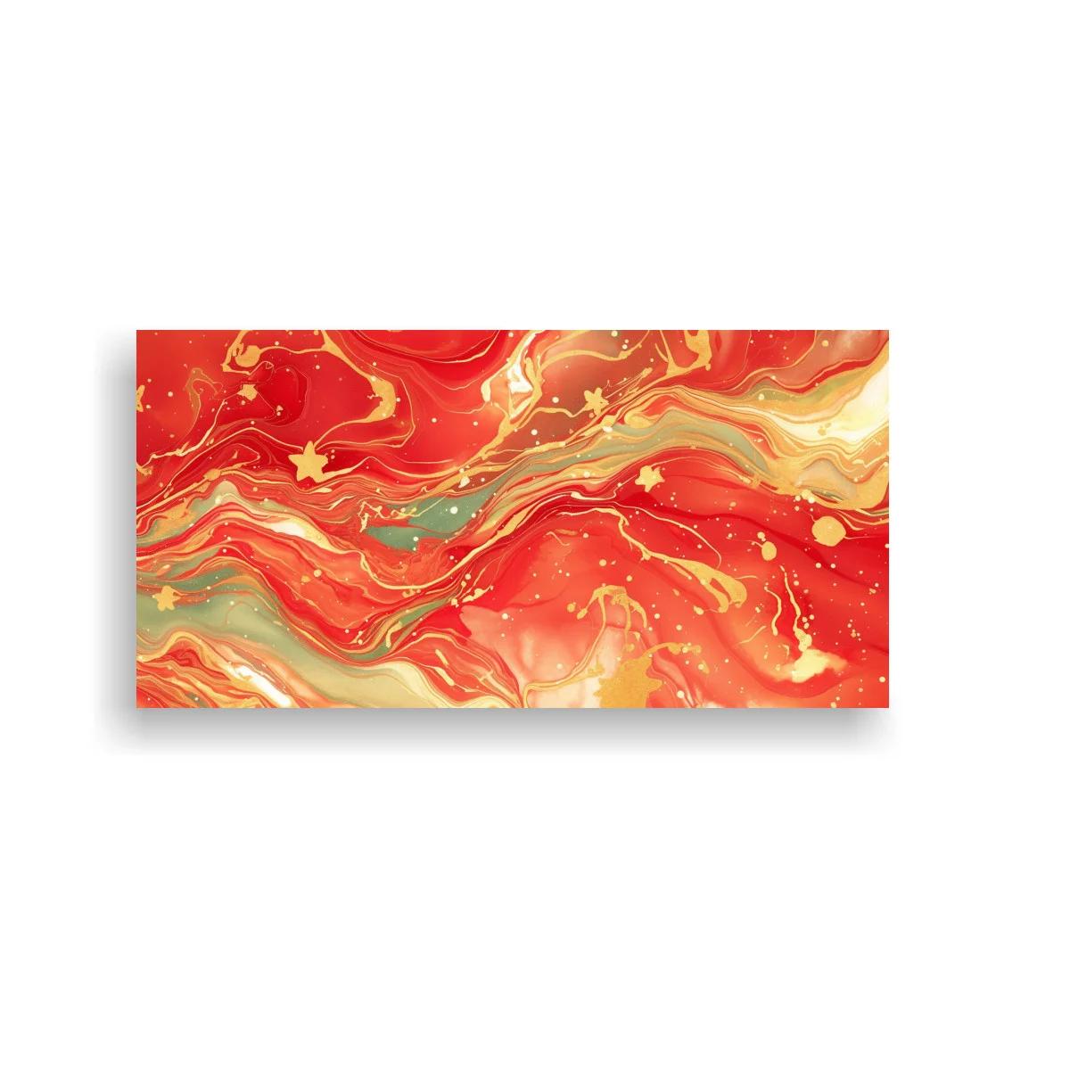 Cuadro mármol líquido rojo y dorado con remolinos fluidos