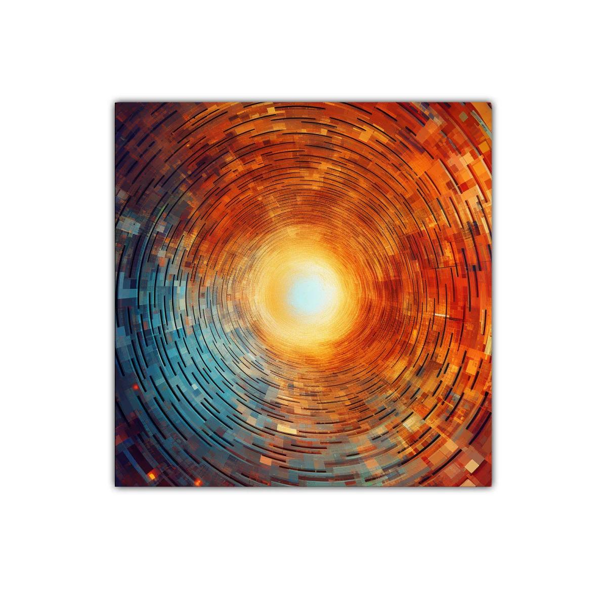 Cuadro abstracto con espiral radiante en tonos cálidos y fríos — imagen principal