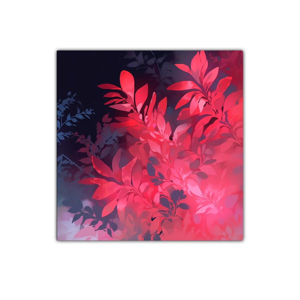 Cuadro decorativo con hojas en tonos rojos vibrantes