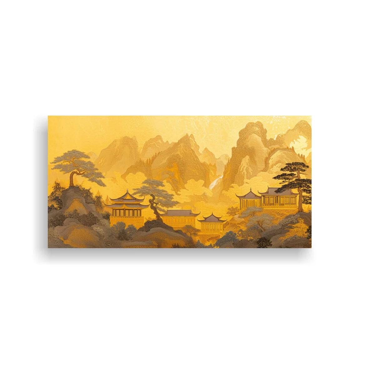 Cuadro paisaje de montañas chinas con pagodas y bruma