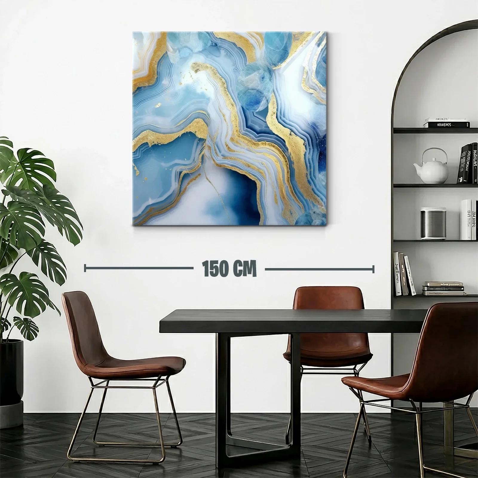 Cuadro abstracto con vetas azules y doradas vibrantes — miniatura 2