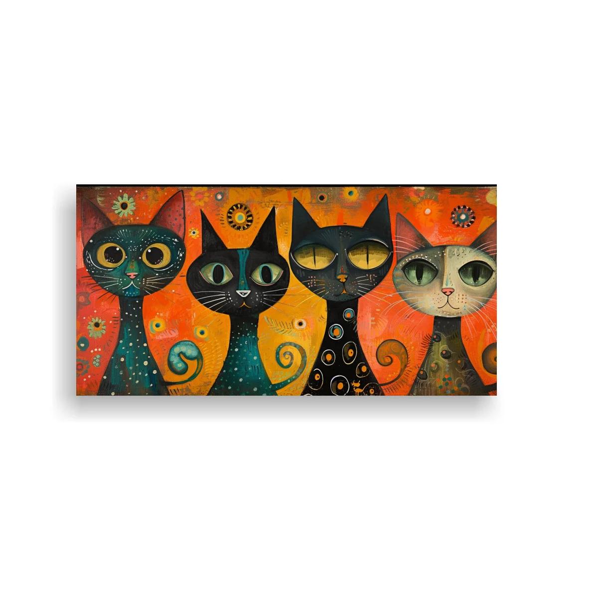 Cuadro cuatro gatos con flores y espirales