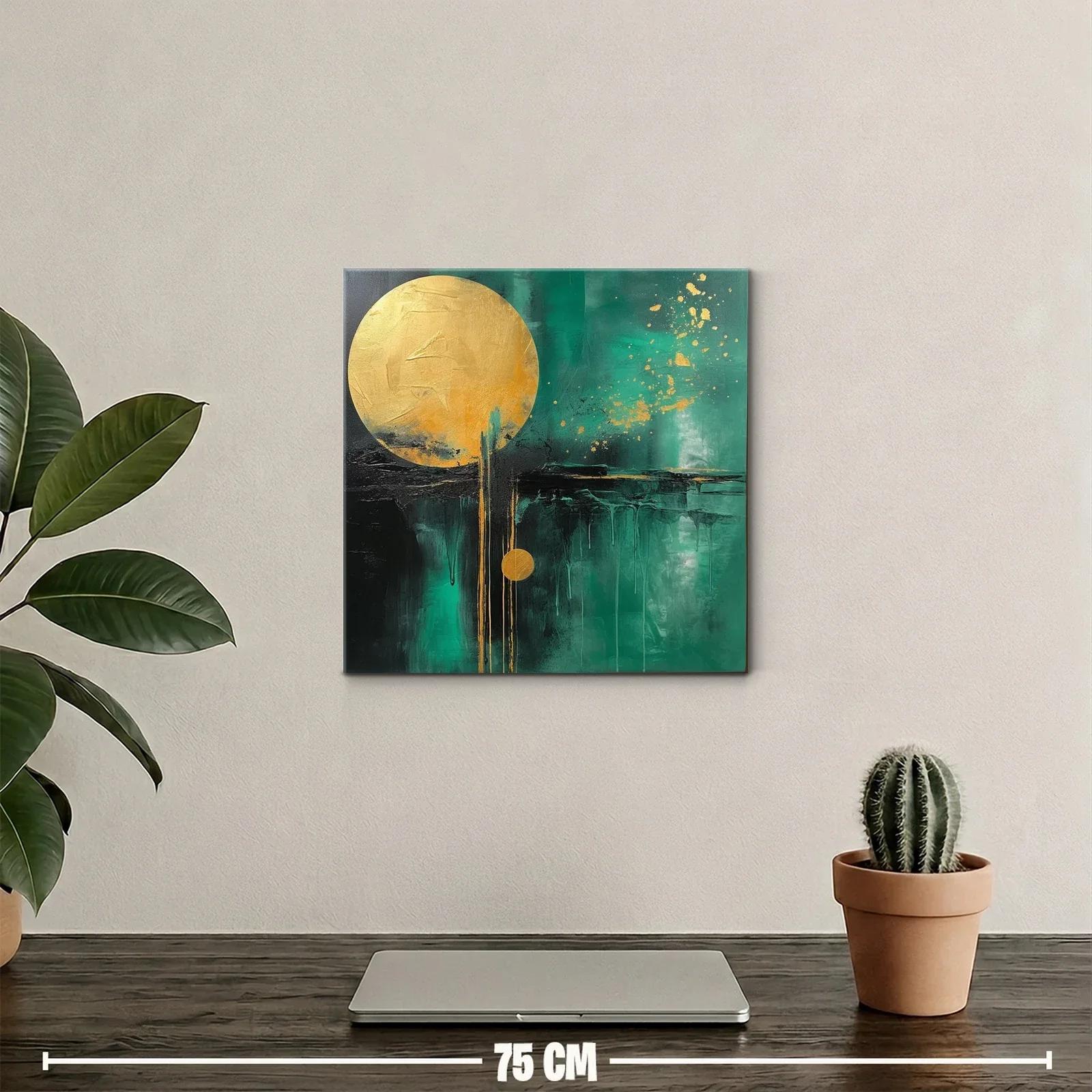 Cuadro abstracto con círculos dorados y fondo verde intenso — miniatura 2