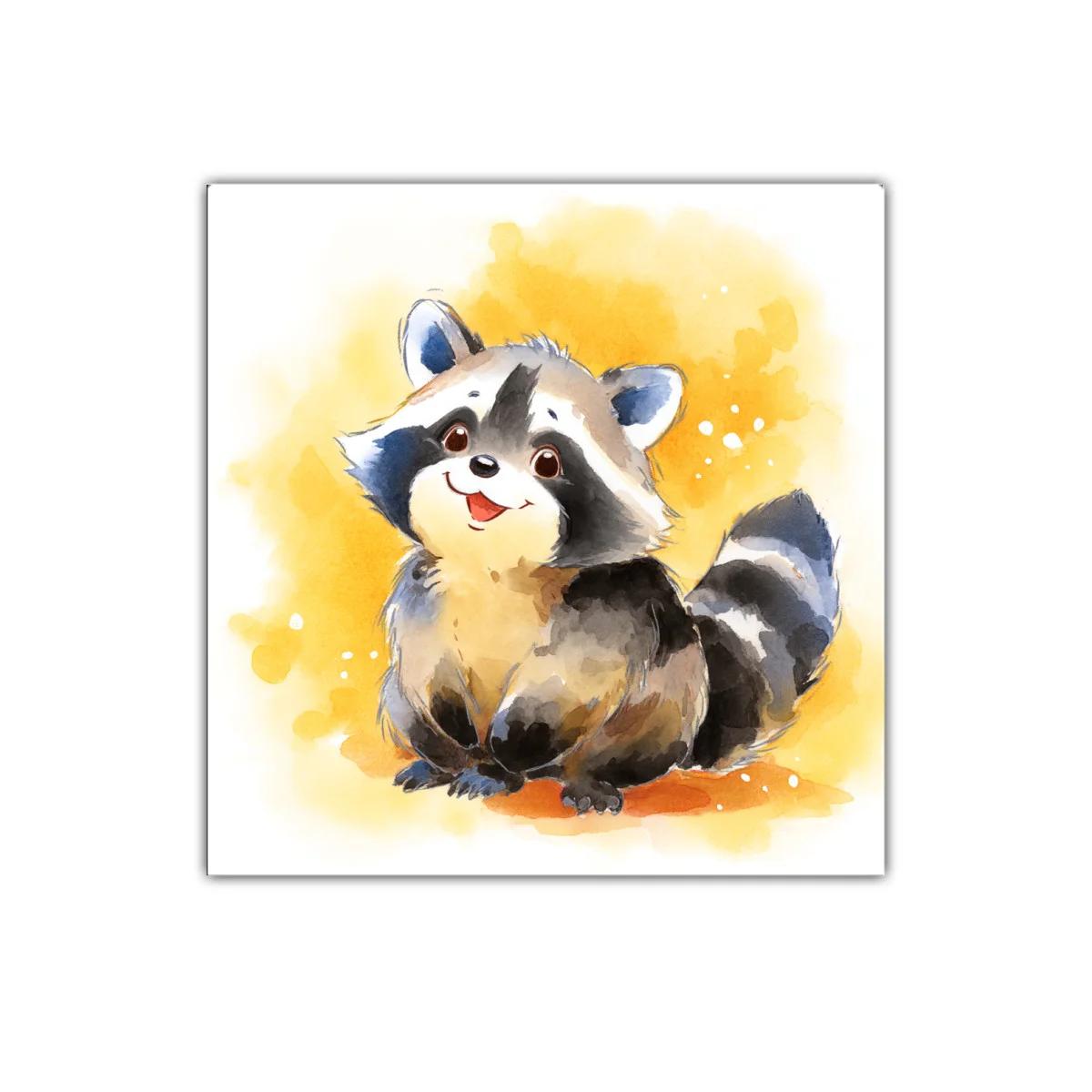 Cuadro decorativo mapache sonriente con fondo amarillo — imagen principal