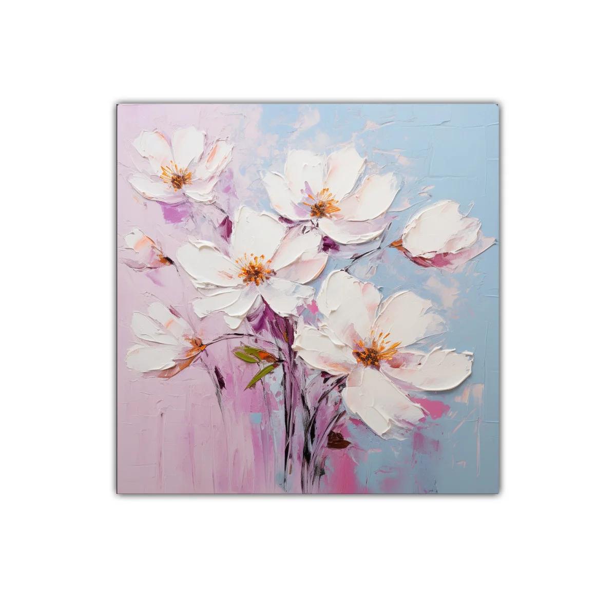 Cuadro de flores blancas sobre fondo pastel suave