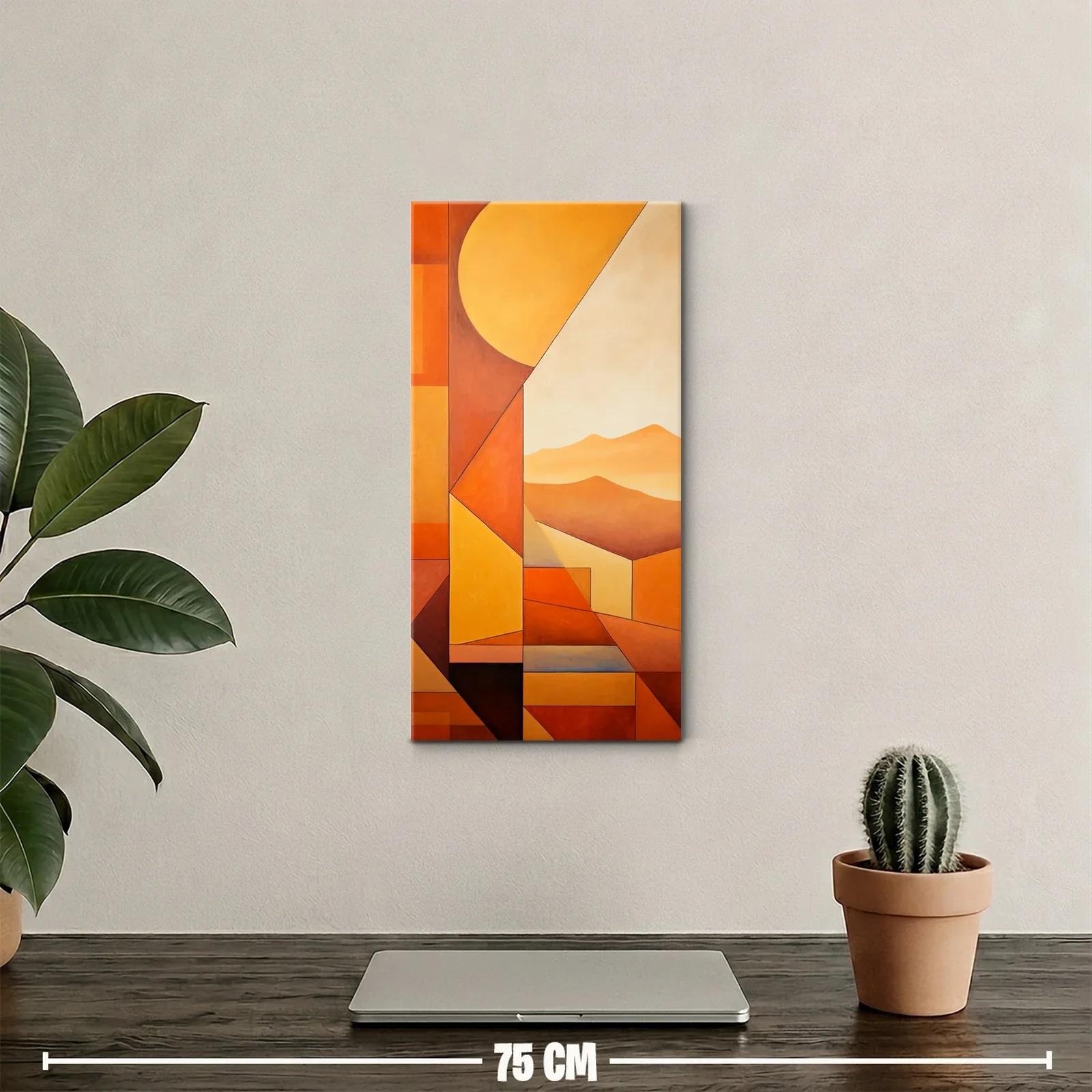 Cuadro paisaje desértico geométrico con sol dorado — miniatura 2