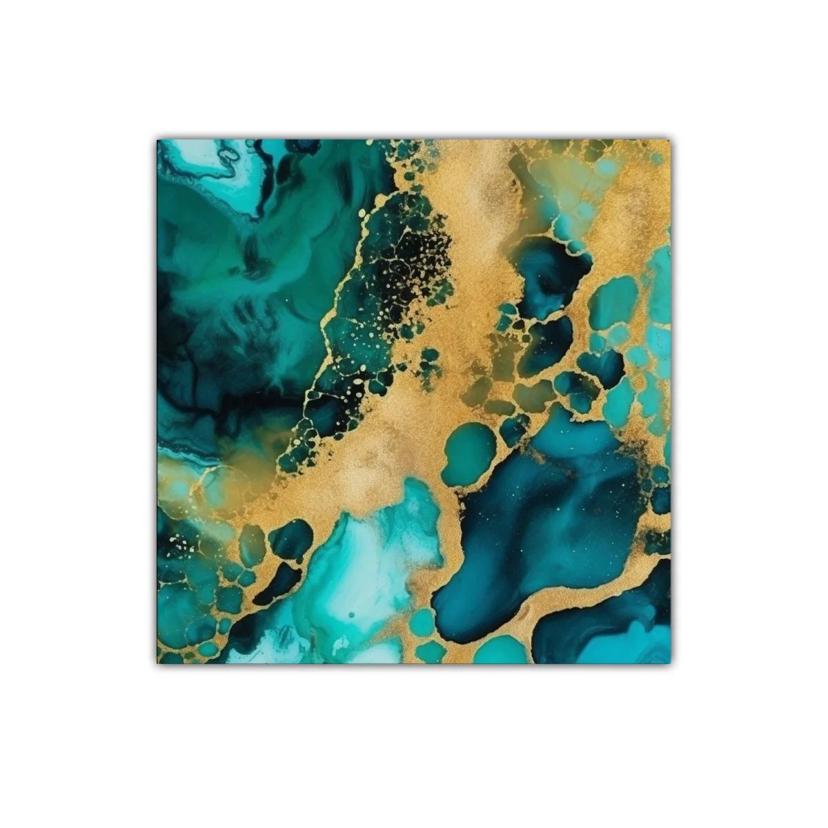 Cuadro decorativo con textura fluida en turquesa y dorado