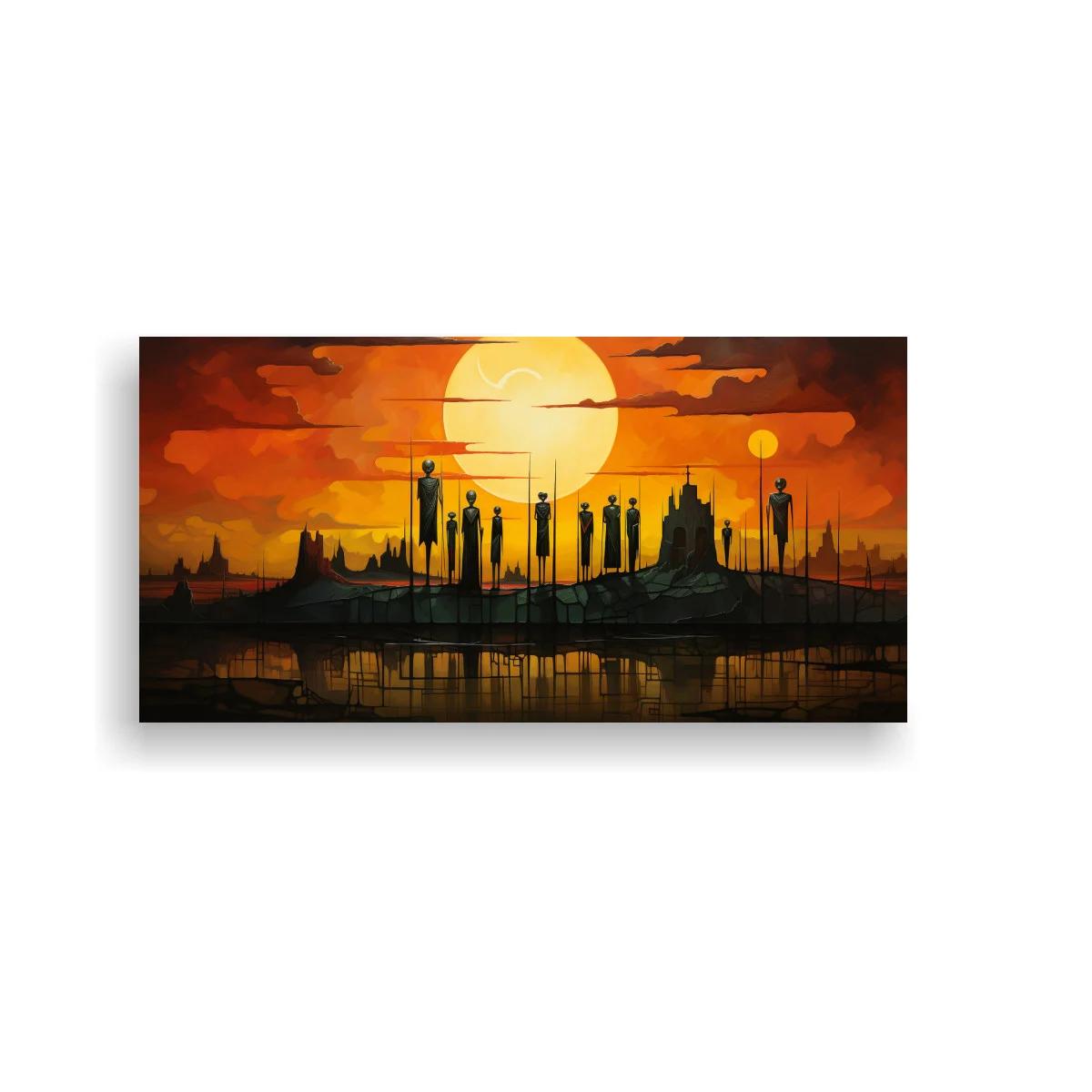 Cuadro ciudad futurista con gran sol y siluetas oscuras