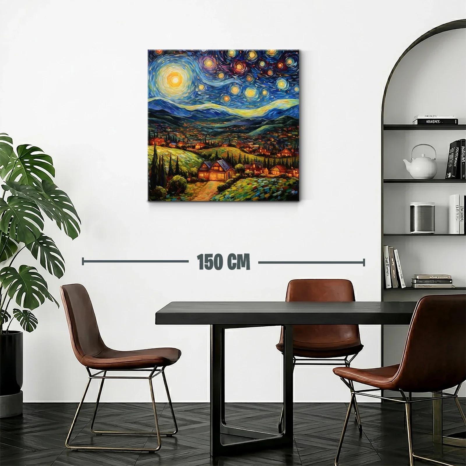Paisaje Nocturno con Estrellas y Casas Iluminadas — miniatura 2