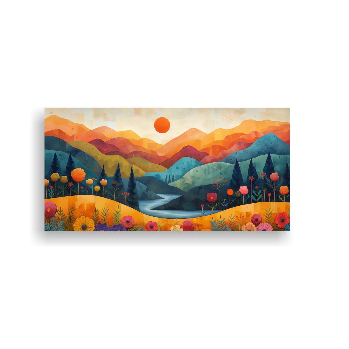 Cuadro paisaje de montañas con flores y curso de agua serpenteante — imagen principal