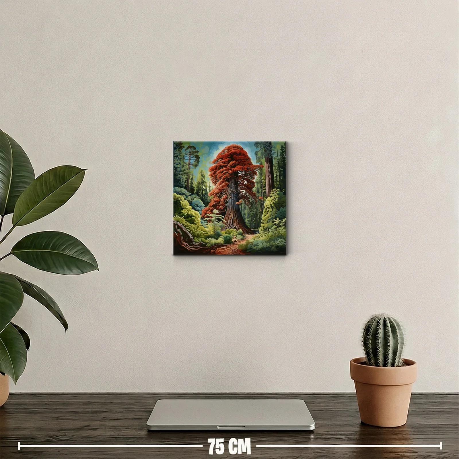 Gran árbol rojo rodeado de bosque verde vibrante — miniatura 2