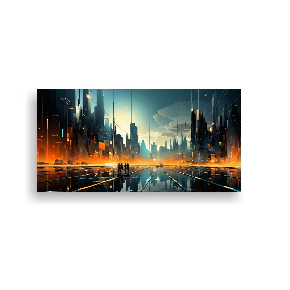 Cuadro ciudad futurista con avenida reflectante