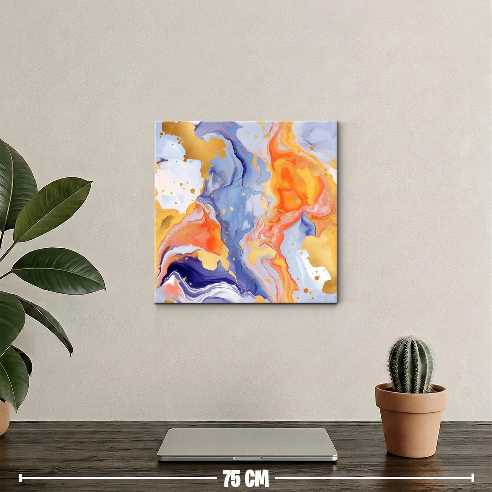 Cuadro abstracto en tonos cálidos y azules con detalles dorados — miniatura 2
