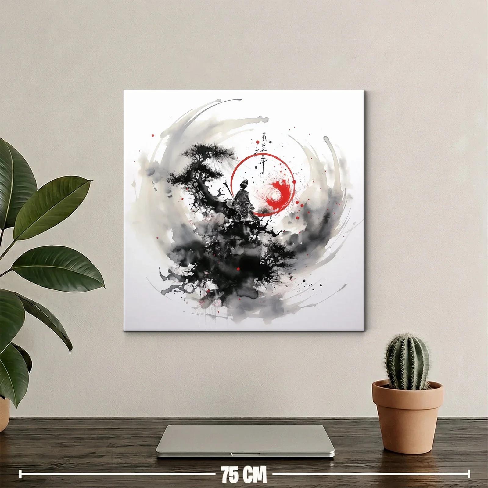 Cuadro oriental con samurái y círculo rojo dinámico — miniatura 2