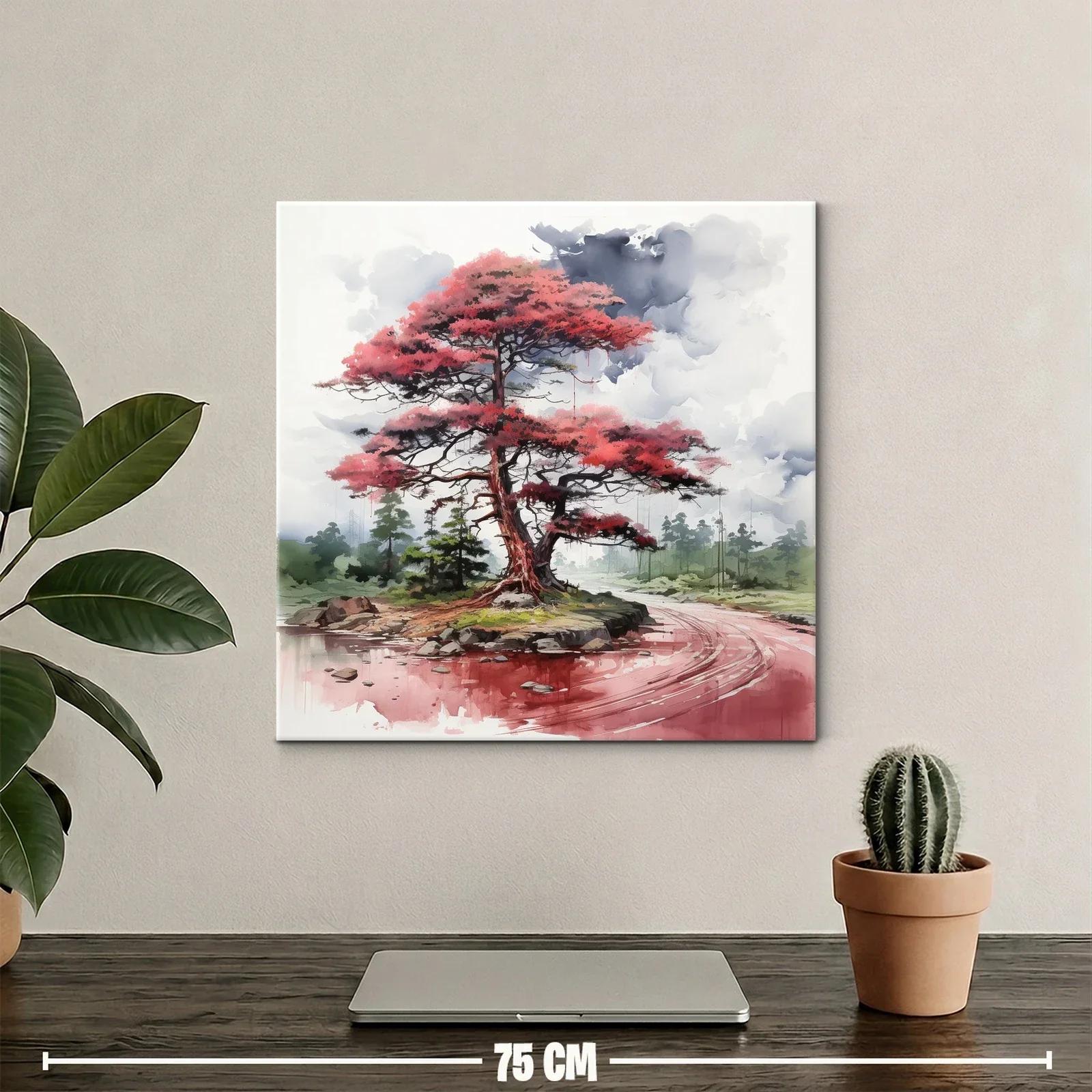 Árbol rojo junto al río en paisaje tranquilo y etéreo — miniatura 2