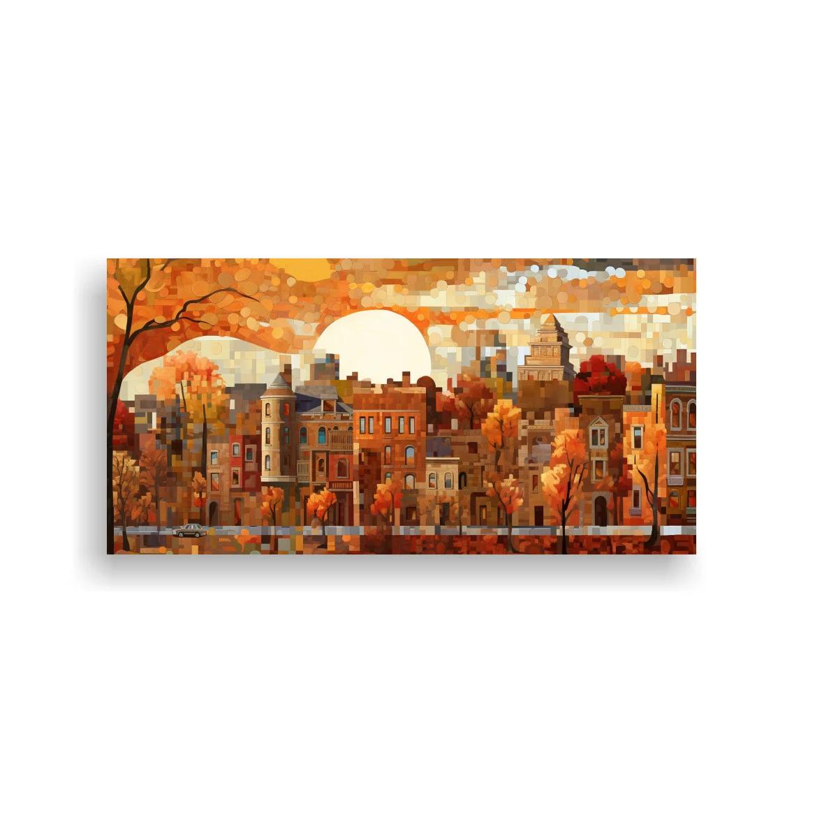Cuadro paisaje urbano otoñal con sol grande — imagen principal