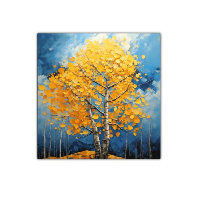 Árbol en otoño con hojas doradas sobre cielo azul