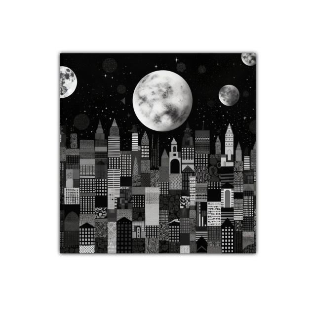 Ciudad nocturna con lunas y cielo estrellado en tonos grises