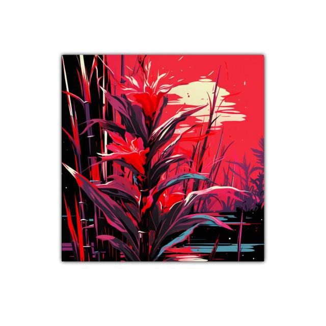 Cuadro vibrante de flora exótica en tonos rojos intensos