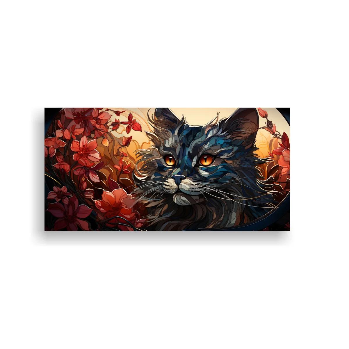 Cuadro gato de pelo largo con flores rojas y fondo claro — imagen principal