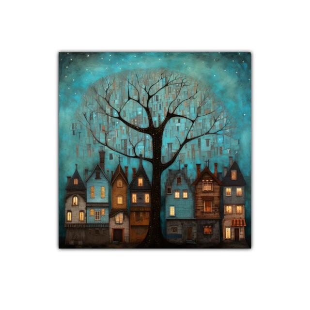 Encantador paisaje nocturno con casas y árbol iluminado