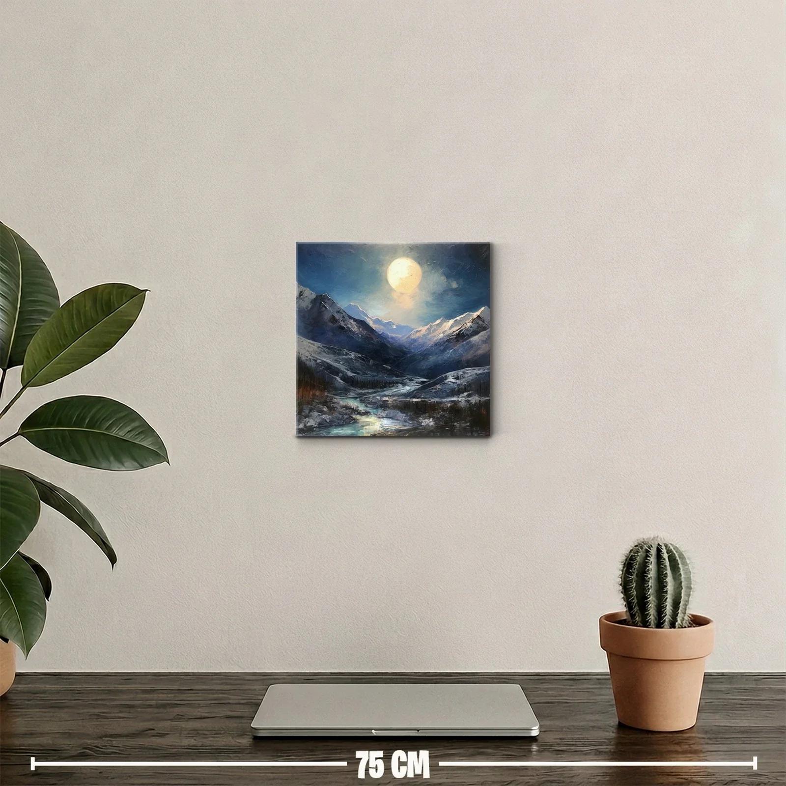 Paisaje nocturno con montañas nevadas y luna llena brillante — miniatura 2