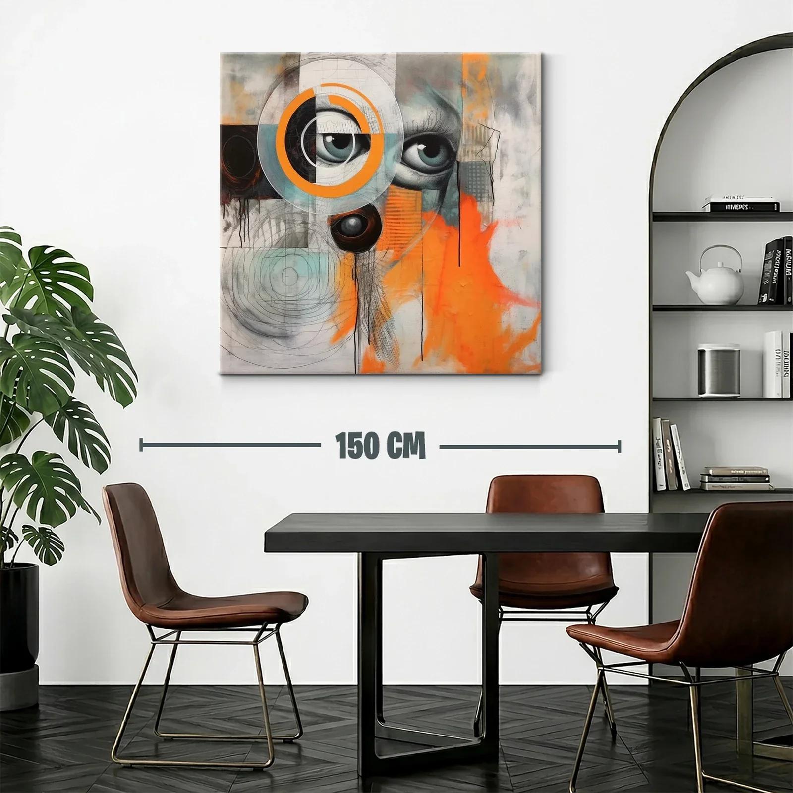 Cuadro abstracto con ojos y detalles geométricos en tonos vibrantes — miniatura 2