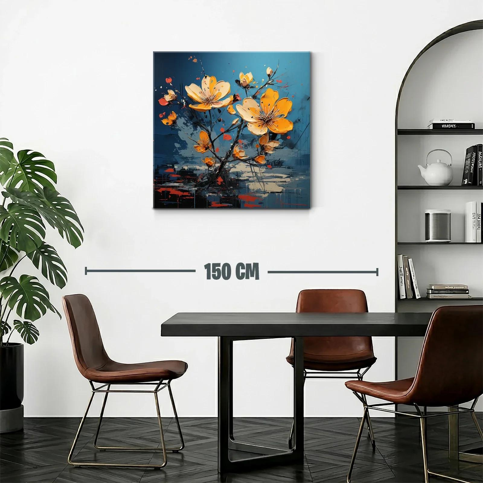 Cuadro floral en vibrantes tonos amarillos y fondo azul — miniatura 2