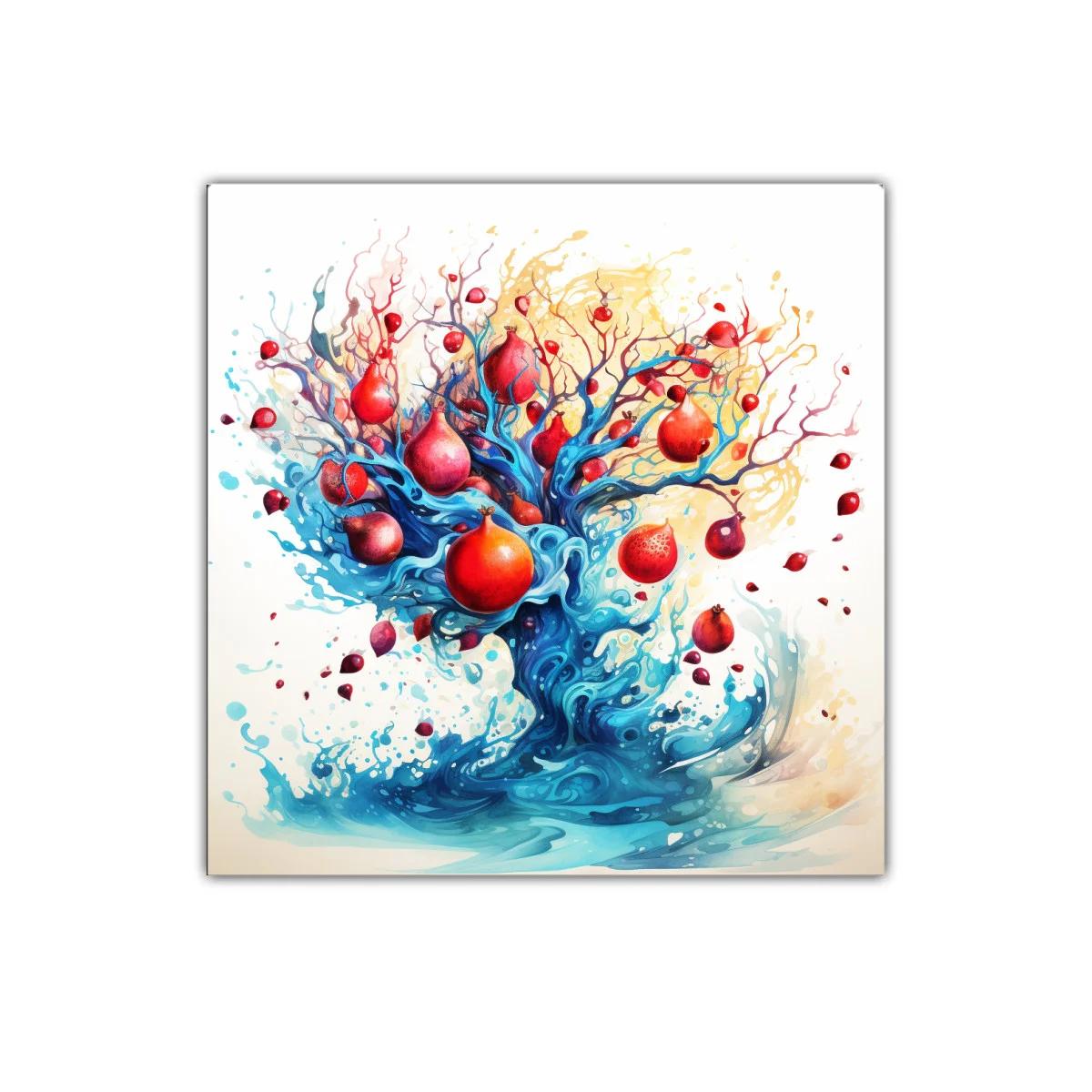 Cuadro artístico con árbol de granadas vibrantes y flujo azul — imagen principal