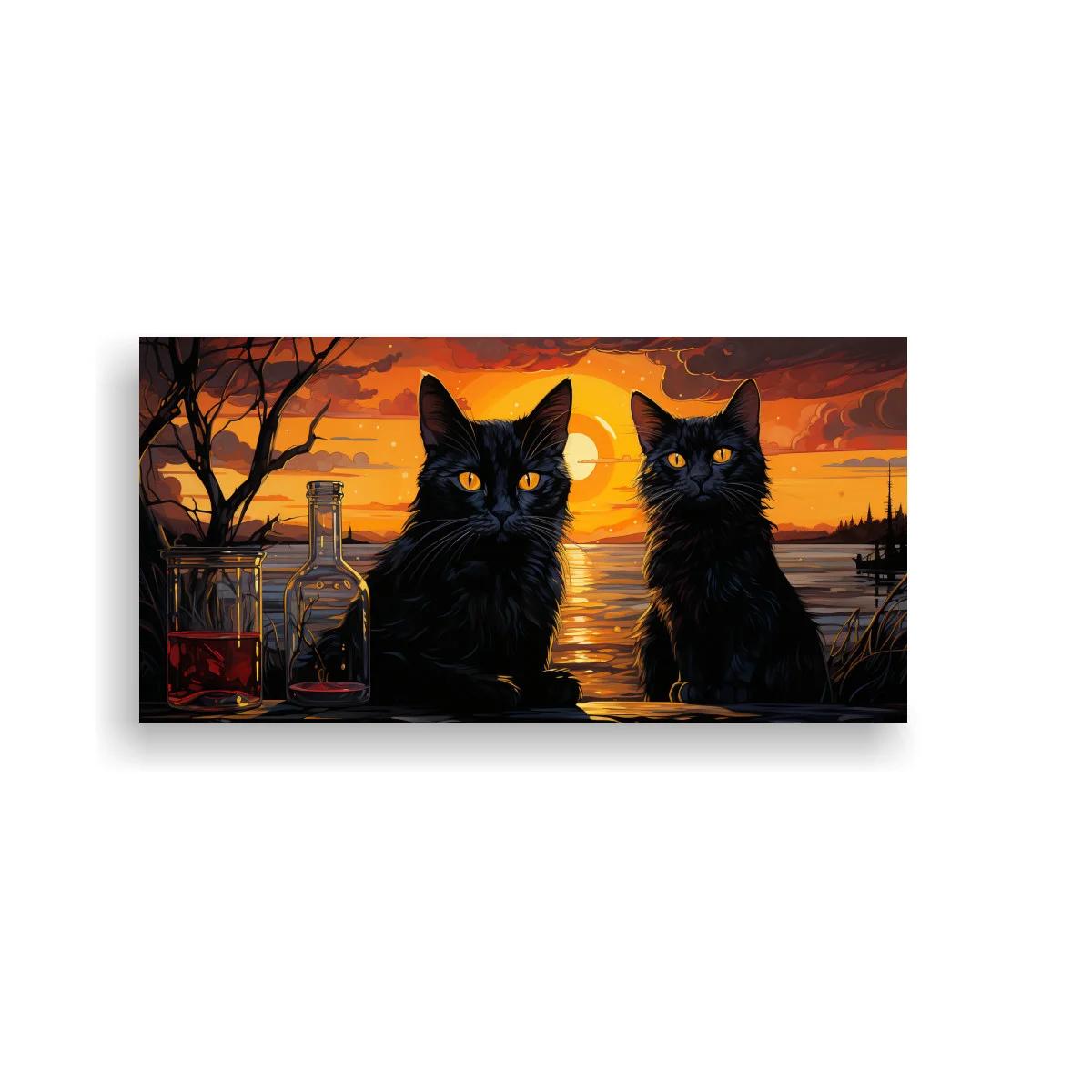 Cuadro dos gatos negros y botellas de vidrio al atardecer