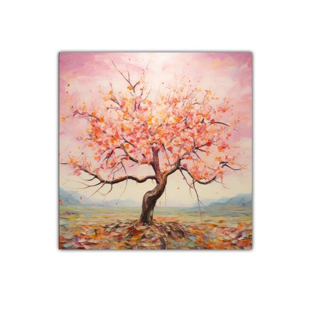 Árbol en flor con tonos cálidos y paisaje suave