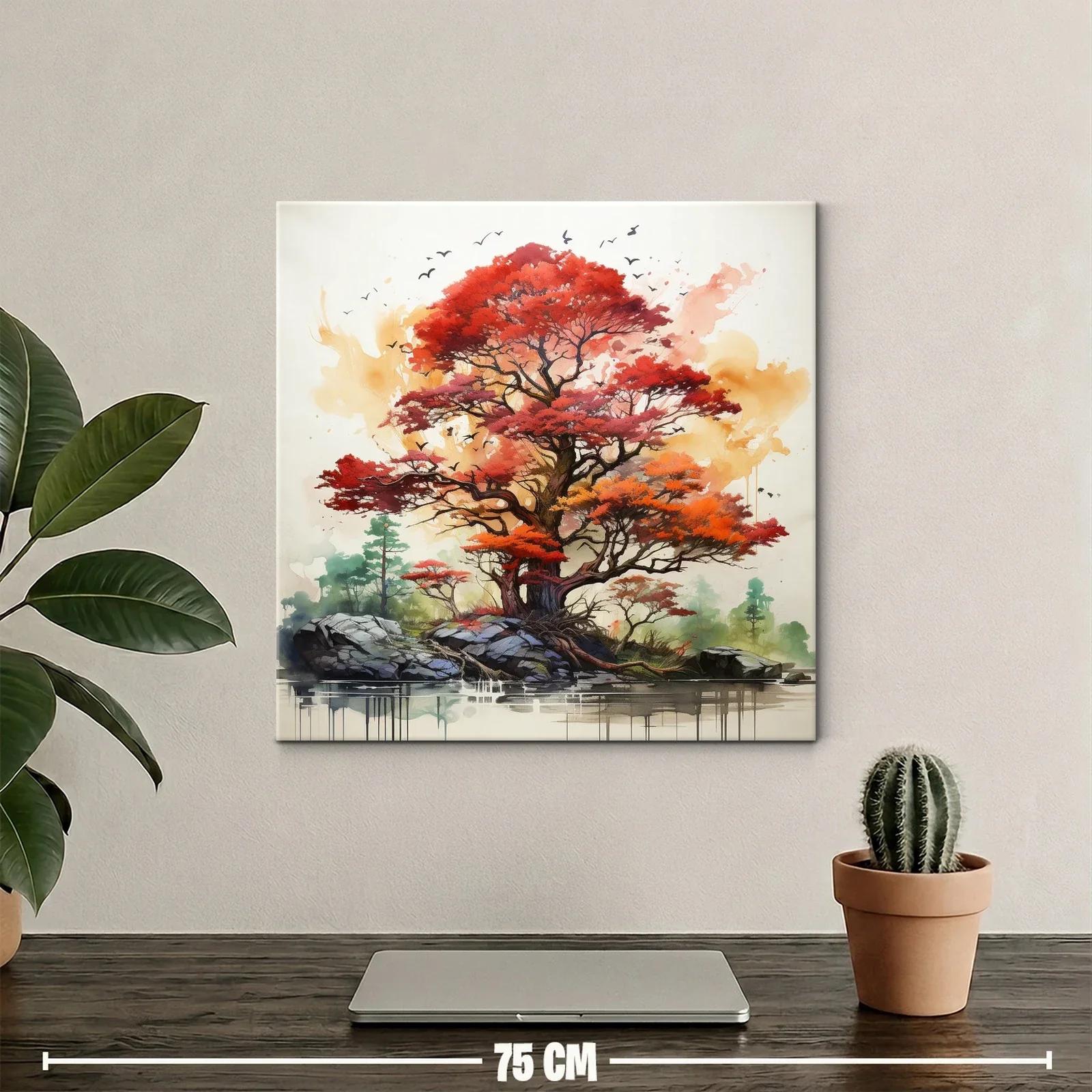 Árbol otoñal vibrante con paisajes naturales y aves — miniatura 2