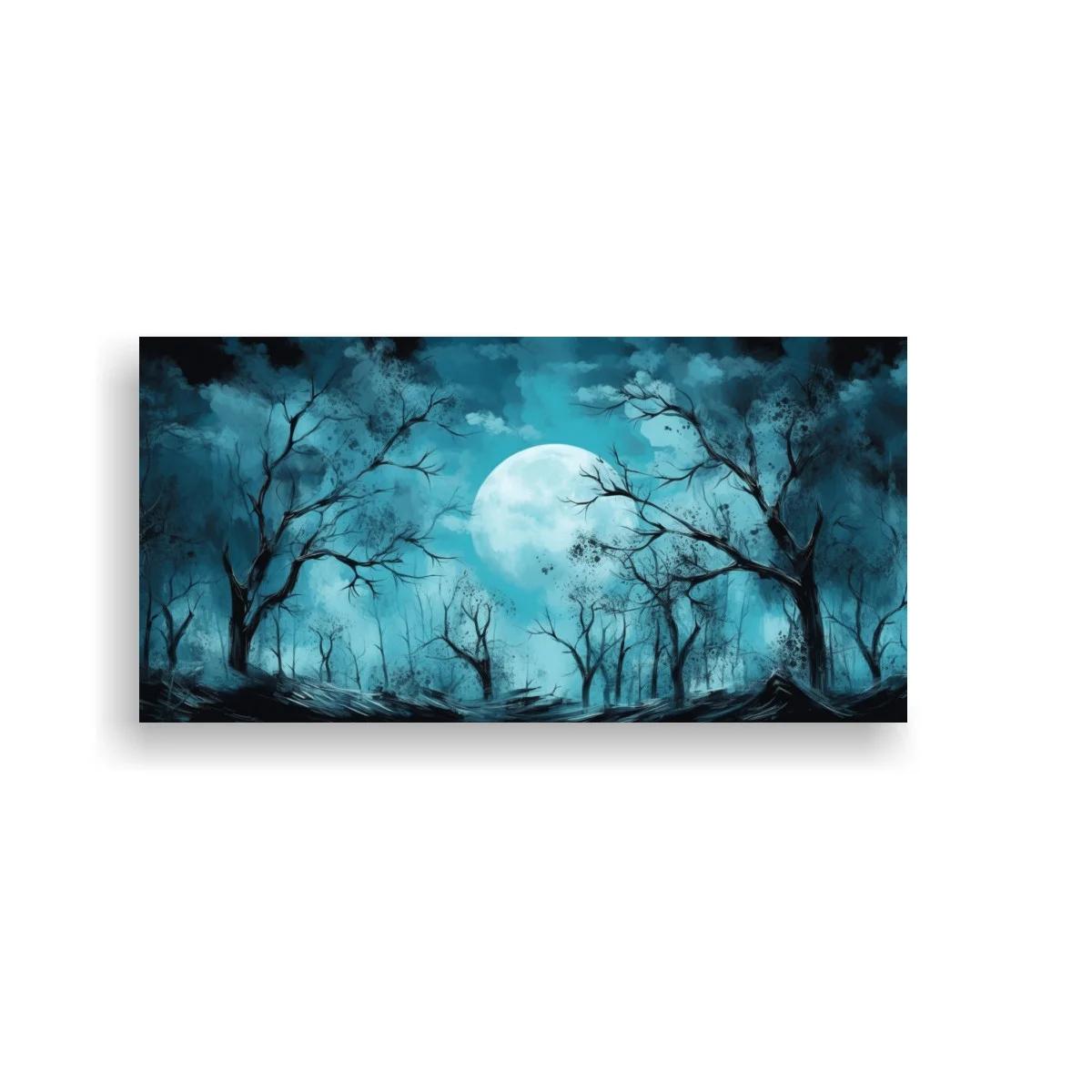Cuadro bosque nocturno con gran luna y niebla turquesa