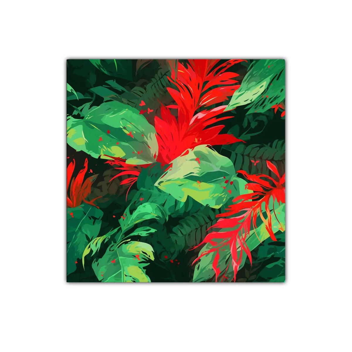 Vibrante cuadro con hojas y flores tropicales rojas y verdes — imagen principal