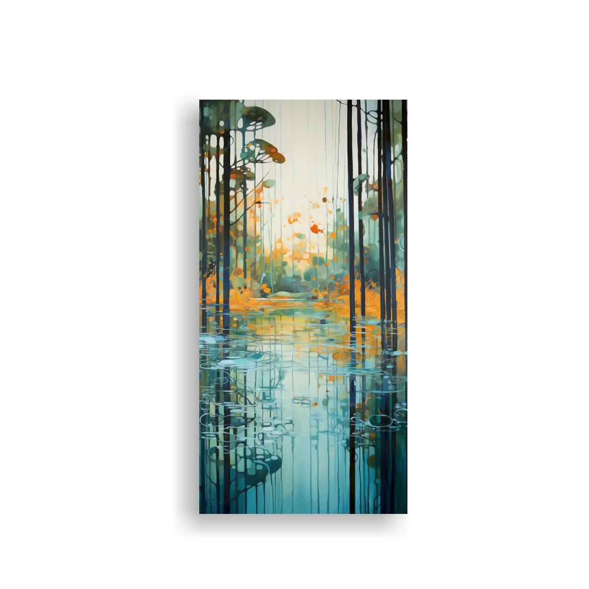 Cuadro bosque junto al agua con reflejos alargados