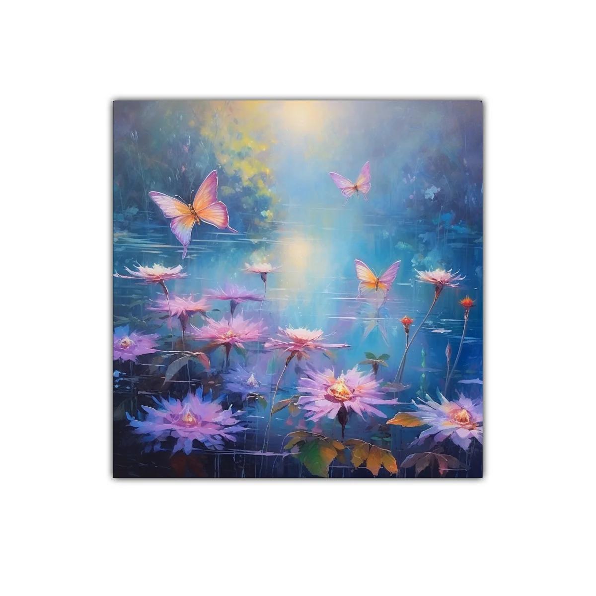 Cuadro con mariposas rosas sobre flores en calma acuática — imagen principal