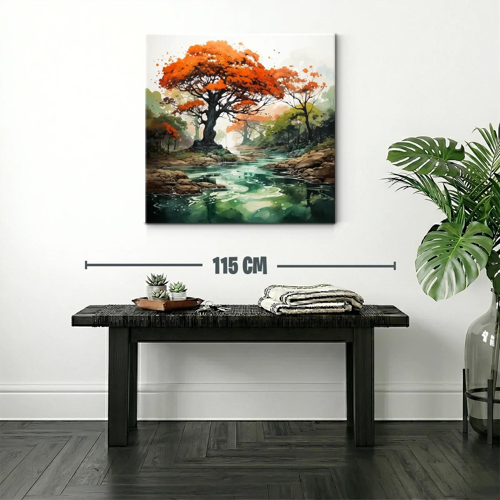 Árbol con follaje rojo sobre río sereno en paisaje natural — miniatura 2